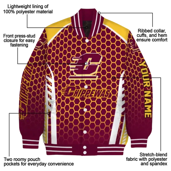 personalized central michigan chippewas hexagon grid maroon varsity jacket new arrival.webp