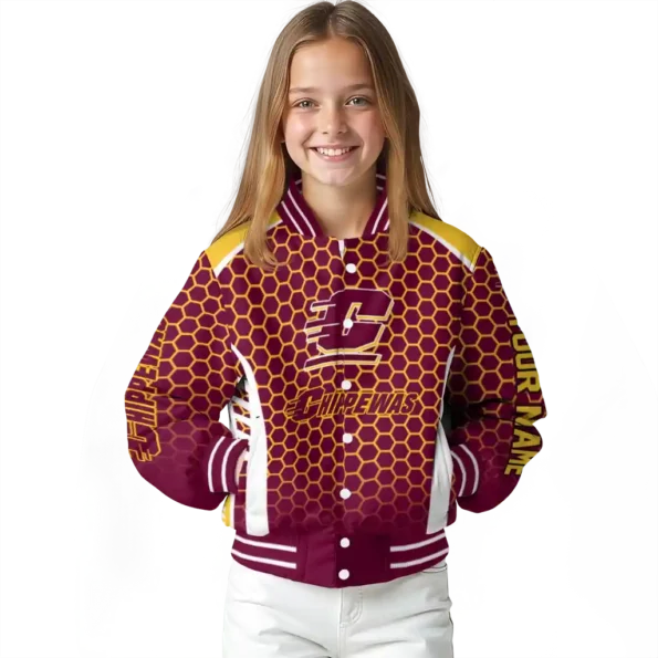 personalized central michigan chippewas hexagon grid maroon varsity jacket top rated.webp