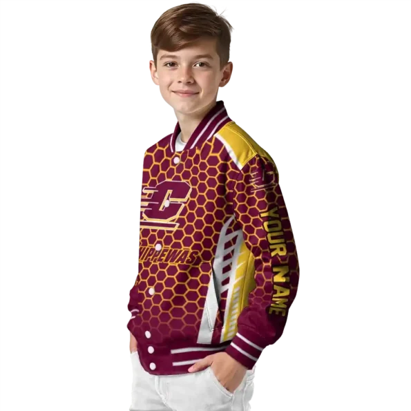 personalized central michigan chippewas hexagon grid maroon varsity jacket trendy.webp