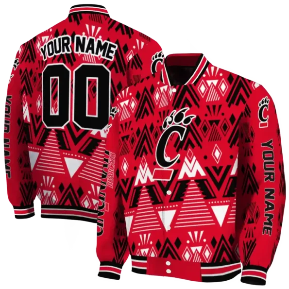 personalized cincinnati bearcats pyramid shapes red varsity jacket fashion forward.webp