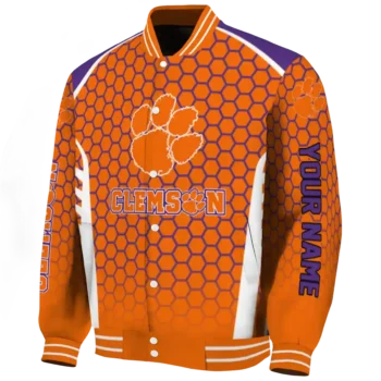 personalized clemson tigers hexagon grid orange varsity jacket best selling.webp