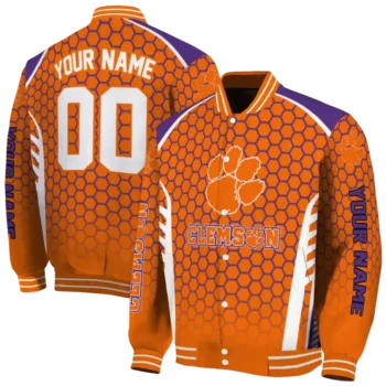 personalized clemson tigers hexagon grid orange varsity jacket fashion forward.webp