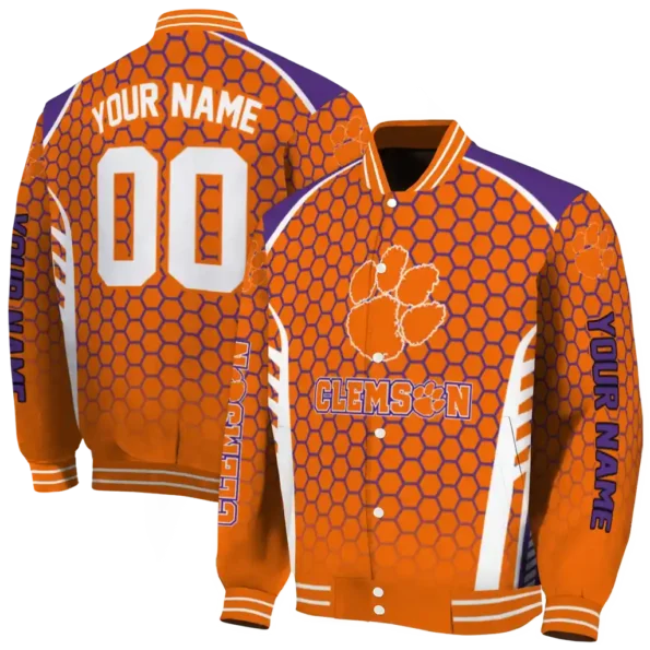 personalized clemson tigers hexagon grid orange varsity jacket fashion forward.webp