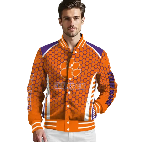 personalized clemson tigers hexagon grid orange varsity jacket high quality.webp