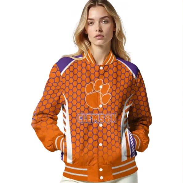 personalized clemson tigers hexagon grid orange varsity jacket latest model.webp