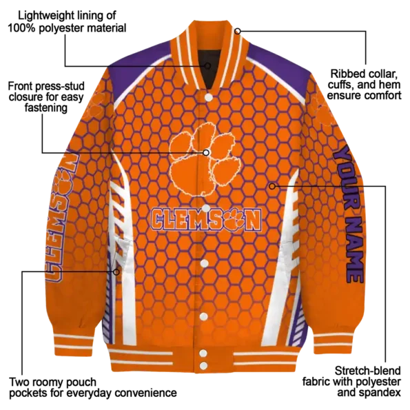 personalized clemson tigers hexagon grid orange varsity jacket new arrival.webp