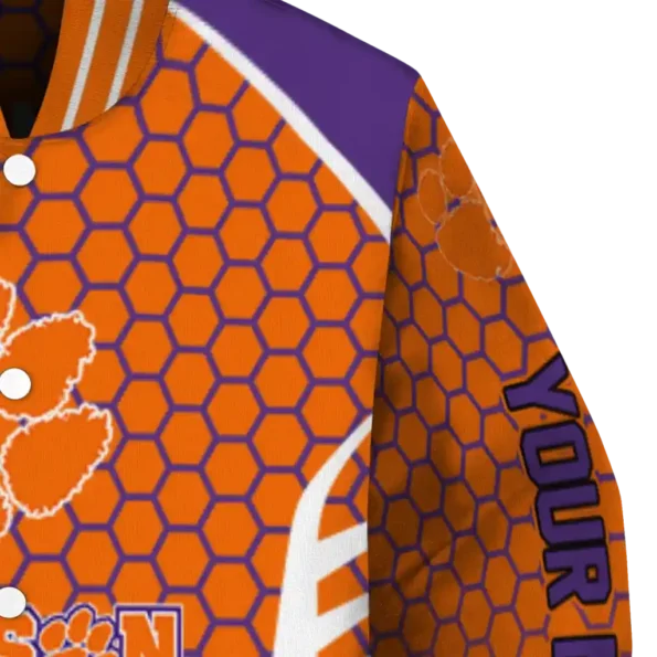 personalized clemson tigers hexagon grid orange varsity jacket premium grade.webp