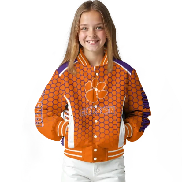 personalized clemson tigers hexagon grid orange varsity jacket top rated.webp
