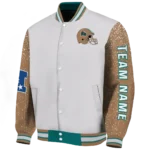 personalized coastal carolina chanticleers speckled arms green gray varsity jacket best selling.webp