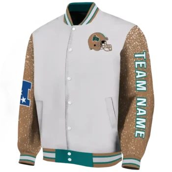 personalized coastal carolina chanticleers speckled arms green gray varsity jacket best selling.webp