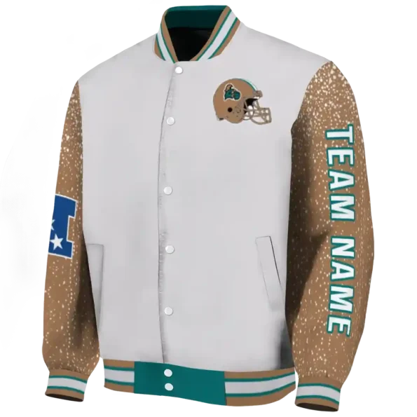 personalized coastal carolina chanticleers speckled arms green gray varsity jacket best selling.webp