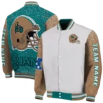 personalized coastal carolina chanticleers speckled arms green gray varsity jacket best selling.webp