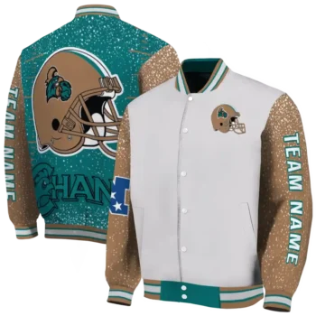 personalized coastal carolina chanticleers speckled arms green gray varsity jacket fashion forward.webp