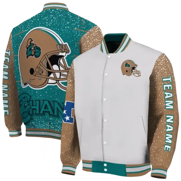 personalized coastal carolina chanticleers speckled arms green gray varsity jacket fashion forward.webp