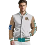 personalized coastal carolina chanticleers speckled arms green gray varsity jacket best selling.webp