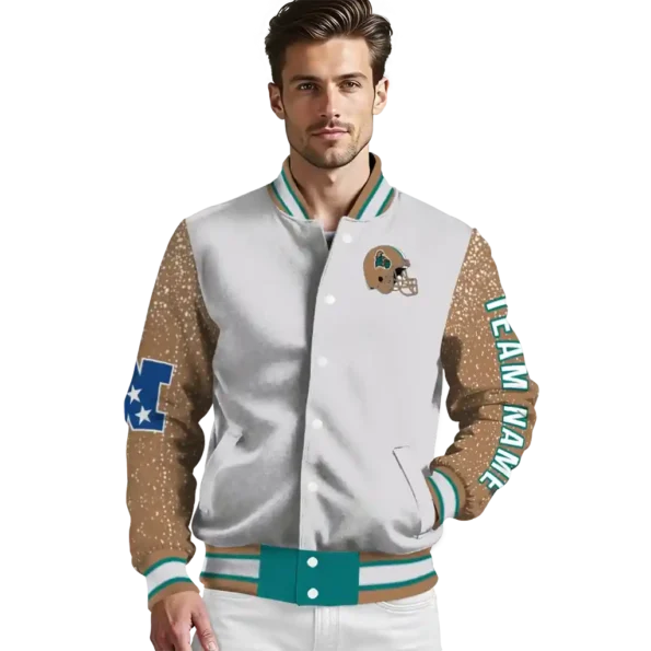 personalized coastal carolina chanticleers speckled arms green gray varsity jacket high quality.webp