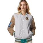 personalized coastal carolina chanticleers speckled arms green gray varsity jacket best selling.webp