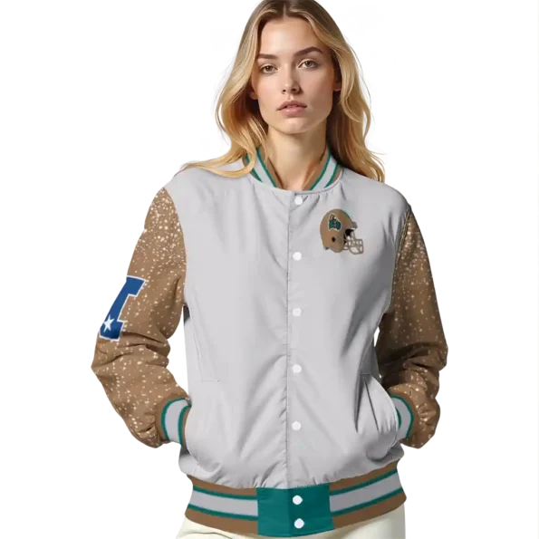 personalized coastal carolina chanticleers speckled arms green gray varsity jacket latest model.webp