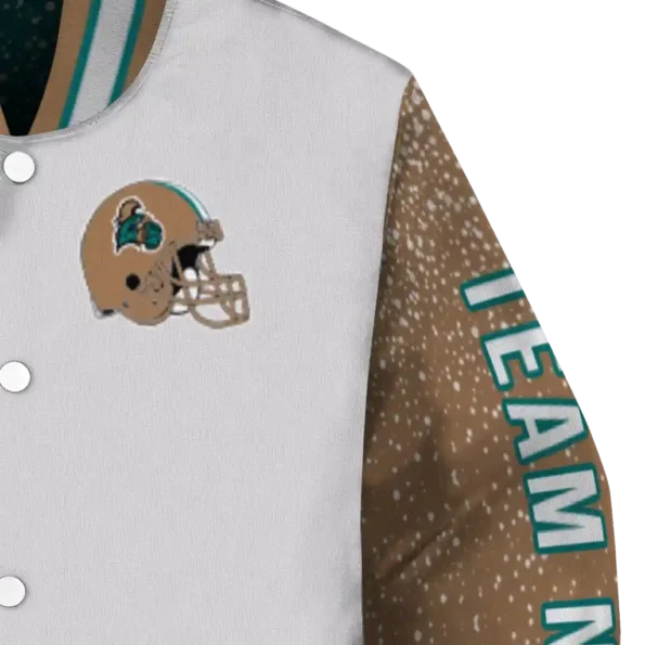 personalized coastal carolina chanticleers speckled arms green gray varsity jacket premium grade.webp