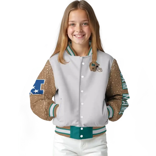 personalized coastal carolina chanticleers speckled arms green gray varsity jacket top rated.webp