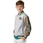 personalized coastal carolina chanticleers speckled arms green gray varsity jacket best selling.webp