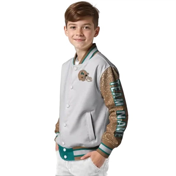 personalized coastal carolina chanticleers speckled arms green gray varsity jacket trendy.webp