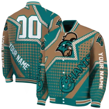 personalized coastal carolina chanticleers star burst green varsity jacket fashion forward.webp