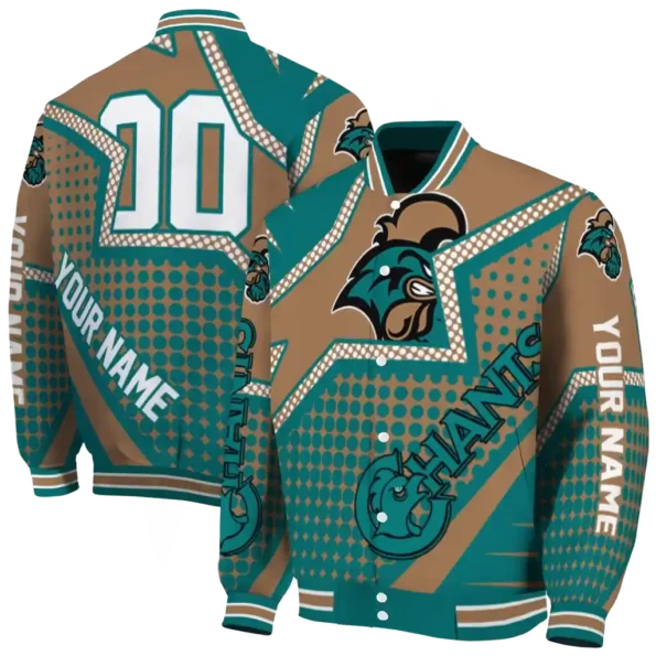 personalized coastal carolina chanticleers star burst green varsity jacket fashion forward.webp