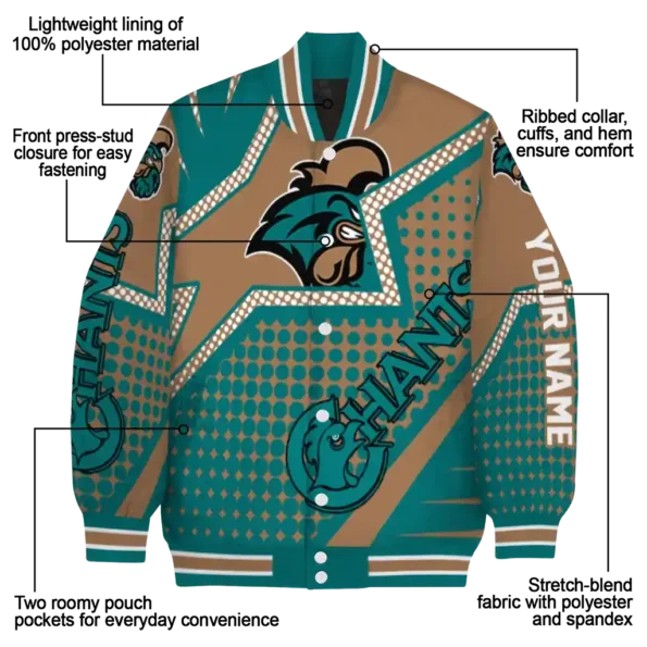 personalized coastal carolina chanticleers star burst green varsity jacket new arrival.webp
