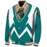 personalized coastal carolina chanticleers v stripes green white varsity jacket best selling.webp