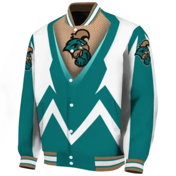 personalized coastal carolina chanticleers v stripes green white varsity jacket best selling.webp