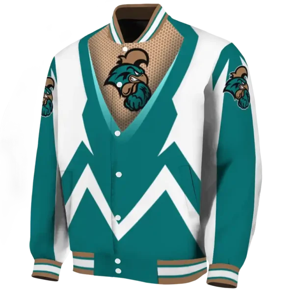 personalized coastal carolina chanticleers v stripes green white varsity jacket best selling.webp