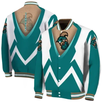 personalized coastal carolina chanticleers v stripes green white varsity jacket fashion forward.webp