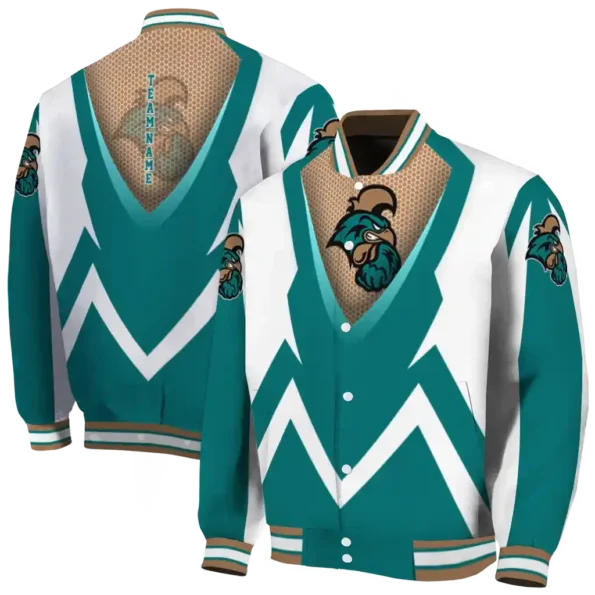 personalized coastal carolina chanticleers v stripes green white varsity jacket fashion forward.webp