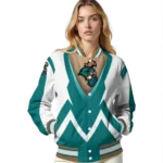 personalized coastal carolina chanticleers v stripes green white varsity jacket best selling.webp