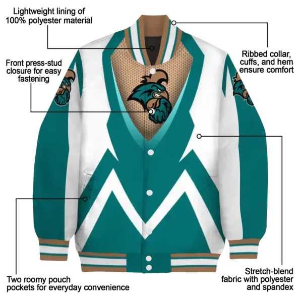 personalized coastal carolina chanticleers v stripes green white varsity jacket new arrival.webp