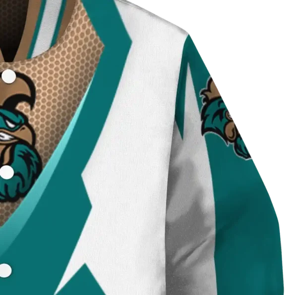 personalized coastal carolina chanticleers v stripes green white varsity jacket premium grade.webp