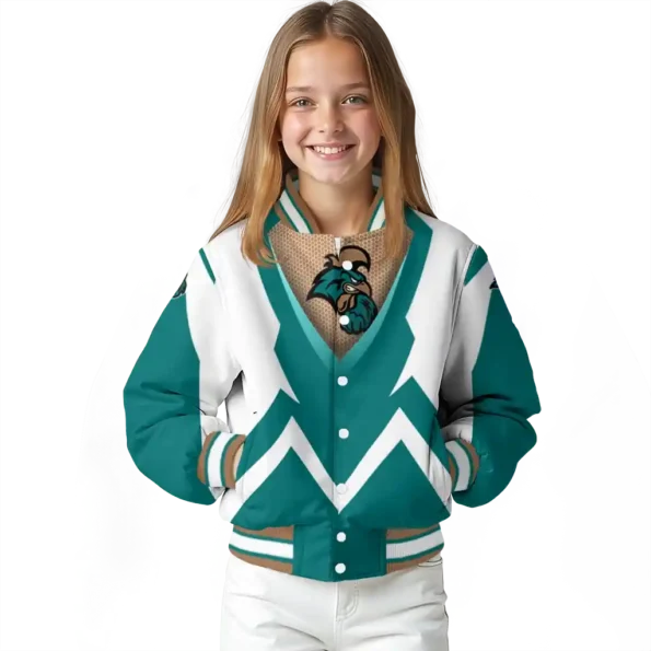 personalized coastal carolina chanticleers v stripes green white varsity jacket top rated.webp