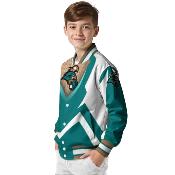 personalized coastal carolina chanticleers v stripes green white varsity jacket trendy.webp