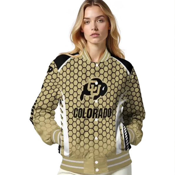 personalized colorado buffaloes hexagon grid gold varsity jacket latest model.webp