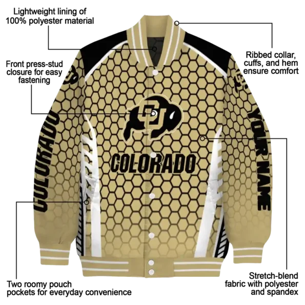 personalized colorado buffaloes hexagon grid gold varsity jacket new arrival.webp