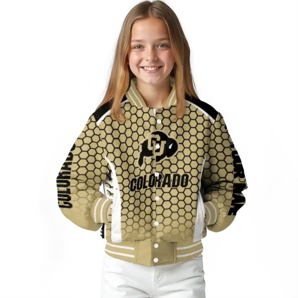 personalized colorado buffaloes hexagon grid gold varsity jacket top rated.webp