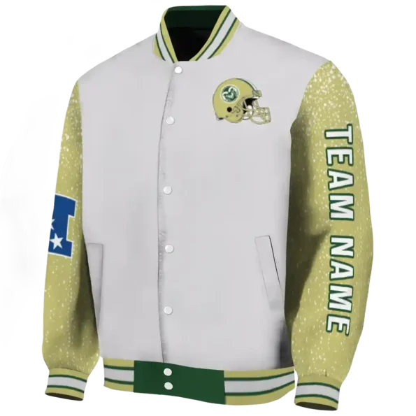 personalized colorado state rams speckled arms green gray varsity jacket best selling.webp
