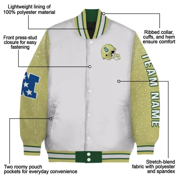 personalized colorado state rams speckled arms green gray varsity jacket new arrival.webp