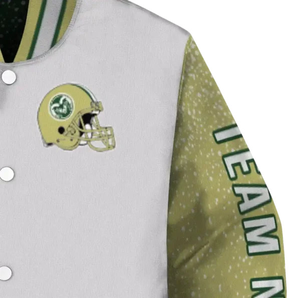 personalized colorado state rams speckled arms green gray varsity jacket premium grade.webp