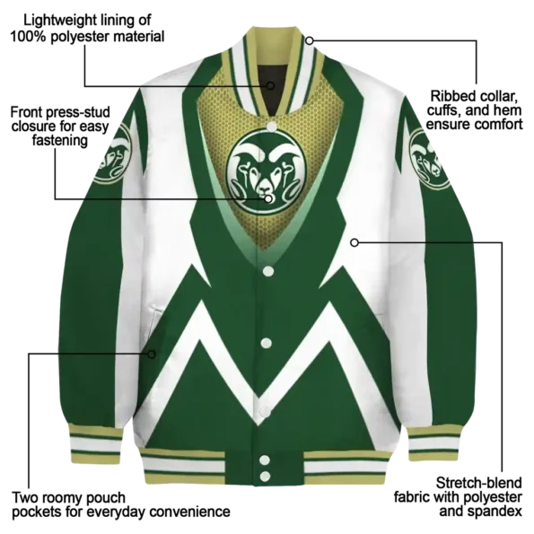 personalized colorado state rams v stripes green white varsity jacket new arrival.webp