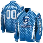 personalized creighton bluejays hexagon grid blue varsity jacket best selling.webp