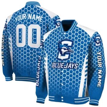 personalized creighton bluejays hexagon grid blue varsity jacket fashion forward.webp