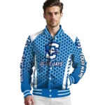 personalized creighton bluejays hexagon grid blue varsity jacket best selling.webp
