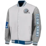 personalized drake bulldogs speckled arms blue gray varsity jacket best selling.webp